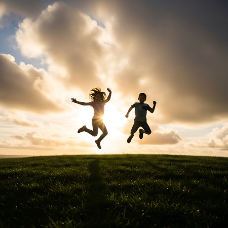 Silhouette of a boy and a girl jumping on a green meadow at sunsetの素材