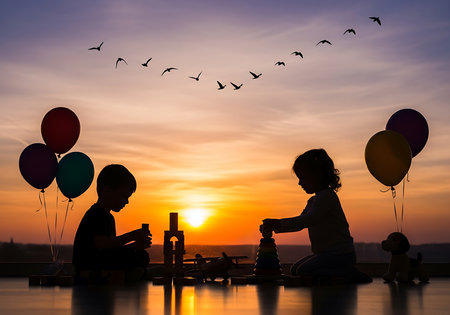 Silhouette of children playing with toys and flying birds at sunsetの素材