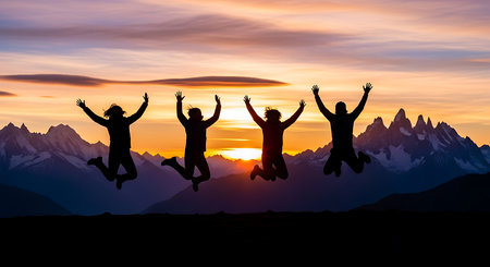 Silhouette of a group of people jumping in the air with the mountain backgroundの素材