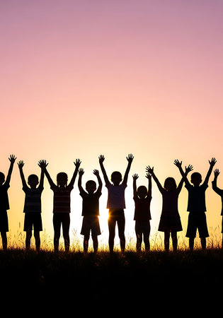 Group of happy children raising hands in the air on the sunset backgroundの素材