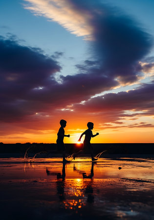 Silhouette of two children playing on the beach at sunset.の素材