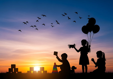 Silhouette of children playing with toys at sunset sky background.の素材