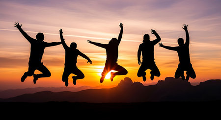 Silhouette of happy people jumping on the mountain with sunset backgroundの素材