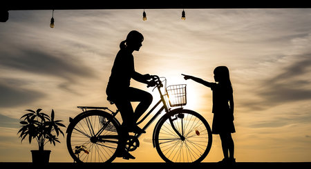 Silhouette of family with bicycle at sunset. Concept of healthy lifestyle.の素材