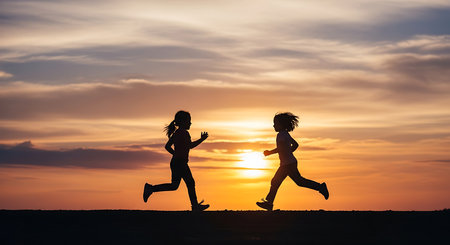 Silhouette of two young girls running at sunset. Sport and healthy lifestyle concept.の素材