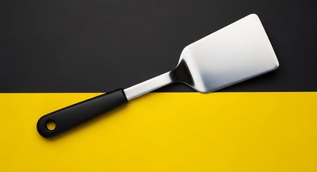 Kitchen spatula on a yellow and black background. Top view.の素材