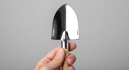 Shovel in hand on grey background. Gardening concept.の素材