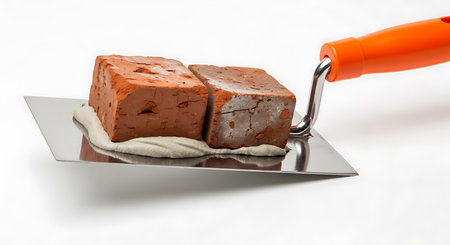 Red brick with a trowel on a white background, isolatedの素材
