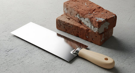 Brick and trowel on concrete background, 3d renderの素材