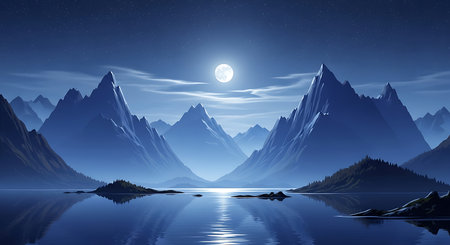 Fantasy landscape with mountains, lake and moon. Vector illustration.の素材