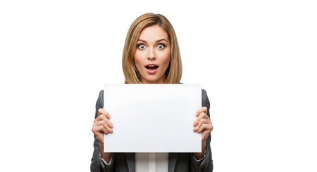 A surprised young woman with shoulder-length blonde hair and expressive eyes holds a blank white sign in front of her with a neutral background creating an engaging and professional look suitable for advertising and marketing materials.の素材
