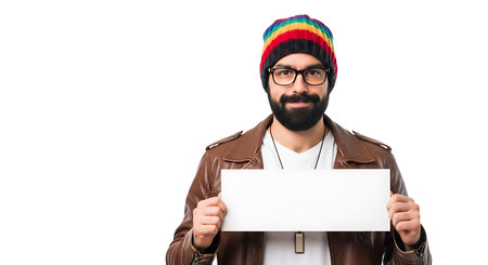A smiling young man with a beard wearing a vibrant rainbow knit beanie glasses and a brown leather jacket holding a blank white sign against a plain white background, conveying friendliness and approachability for marketing and advertising use.の素材