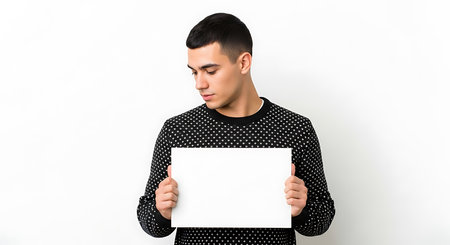 Young man with short dark hair in black polka dot sweater holding a blank white sign against a plain white background with a calm and neutral mood, suitable for advertising and promotional content.の素材