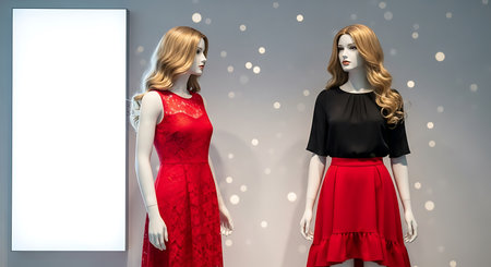 Two mannequins dressed in stylish red and black outfits stand in a modern retail display with soft lighting and a neutral background, creating an appealing shopping atmosphere ideal for fashion marketing.の素材