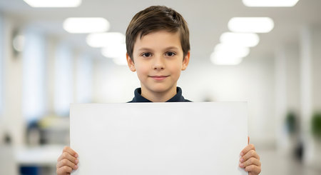 Young boy with dark hair and fair skin holding a blank white sign smiling confidently in a bright modern indoor space with soft lighting perfect for advertising and marketing use.の素材