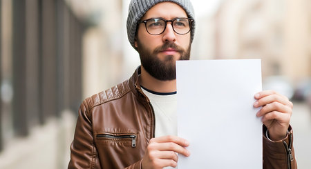 A serious young man with a beard wearing a gray beanie glasses and brown leather jacket holding a blank paper outdoors with blurred city background conveying focus and curiosity perfect for creative or business uses.の素材