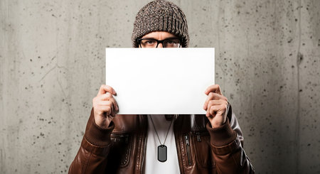 Young man with glasses and knit beanie holding a blank white sign while standing against a textured gray wall, conveying mystery or anonymity perfect for advertising or promotional use.の素材