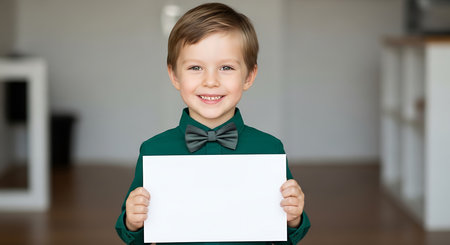 A cheerful young boy in a green shirt and bow tie smiling confidently while holding a blank white sign in a bright modern room with soft lighting for marketing and advertising use.の素材