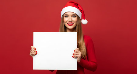 A cheerful young woman in a red sweater and Santa hat smiling while holding a blank white sign against a vibrant red background creating a festive holiday atmosphere perfect for seasonal marketing and greeting cards.の素材