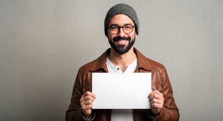 A cheerful young man with a beard wearing a gray beanie and glasses holding a blank white sign in front of a plain neutral background, creating a friendly and approachable atmosphere perfect for promotional and advertising use.の素材