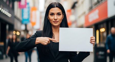 A confident young woman with long dark hair wearing a black blazer holding a blank white sign and pointing at it on a bustling city street with blurred pedestrians and colorful storefronts, creating an energetic and professional atmosphere ideal for marketing or advertising content.の素材