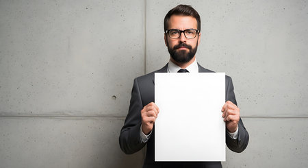 Confident man in formal suit with glasses holding blank white poster against a plain wall in an office setting, conveying professionalism and readiness for presentation or advertisement use.の素材