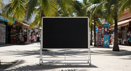 Empty blackboard sign stands in outdoor shopping street lined with palm trees and vendor stalls, creating a lively, sunny atmosphere perfect for advertising or promotions.の素材