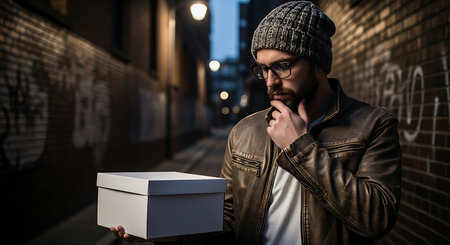 Young man in beanie glasses and leather jacket holding a white box while standing on a dimly lit urban alley at night with graffiti walls creating a thoughtful and mysterious atmosphere perfect for lifestyle and fashion marketing.の素材