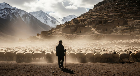 Shepherd and flock of sheep in the Himalayas, Nepalの素材