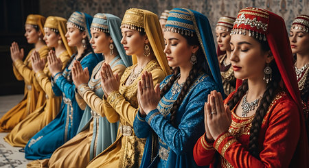 Beautiful young women in traditional costume praying in the hall of the templeの素材