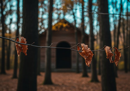 Dry autumn leaves on a wire in the background of a churchの素材