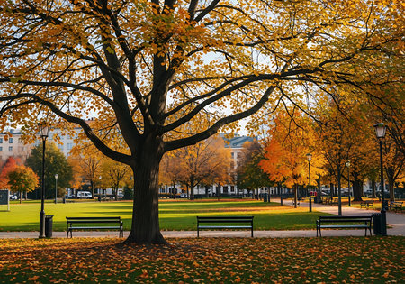 Autumn in the city park. Park bench under the tree with yellow leaves.の素材