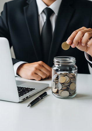 cropped view of businessman putting coin in glass jar with laptop on tableの素材