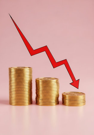 Stacks of gold coins with a red arrow going down on a pink backgroundの素材