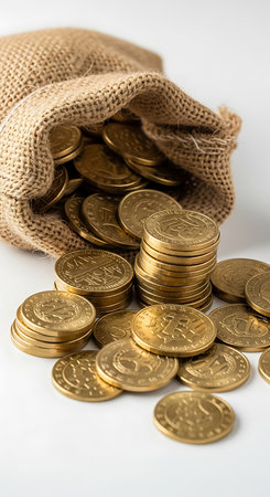Gold coins in a burlap bag isolated on a white background.の素材