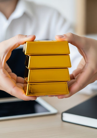 businessman holding gold bullion in the office. financial business conceptの素材