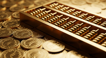 Abacus and coins close-up. Shallow depth of field.の素材