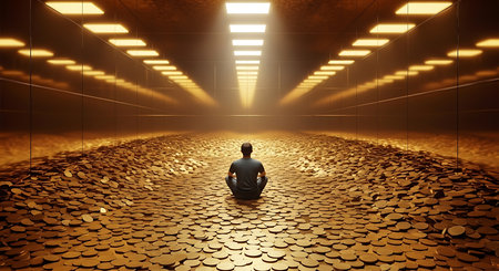 Man sitting on the floor and looking at the light. 3D renderingの素材