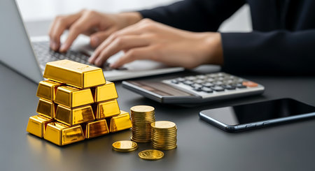 Businesswoman holding gold bullion and using laptop computer for financial investment.の素材