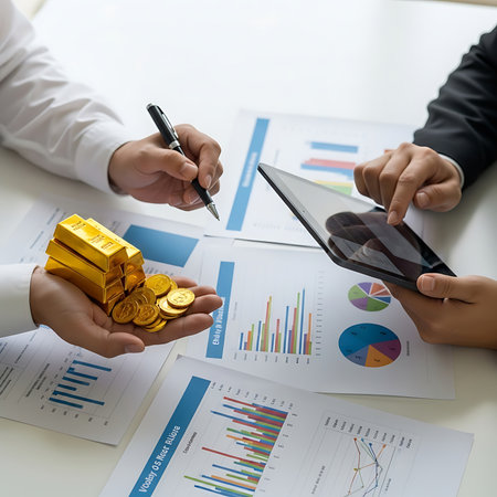 Business people discussing the charts and graphs showing the results of their successful teamworkの素材