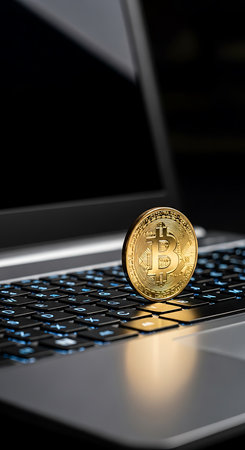Golden bitcoin on laptop keyboard. Cryptocurrency concept. 3D illustration.の素材