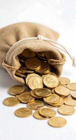 Coins in a jute bag on a white background close-upの素材
