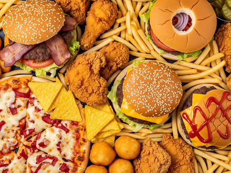 Fast food background. Top view of hamburgers, nachos, chips, mozzarella cheese, onion rings, hot dogs, fried chicken nuggets and pickles.の素材
