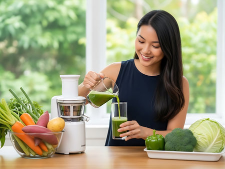 Smiling asian woman making green smoothie in the kitchen at homeの素材