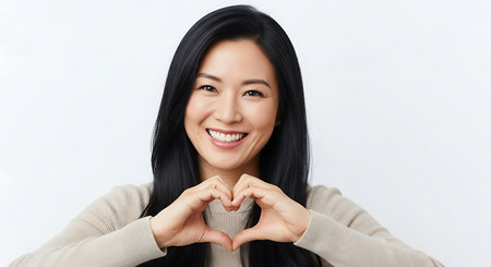 Beautiful asian woman making a heart shape with her hands on white backgroundの素材