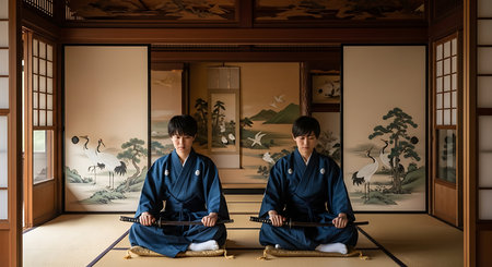 Japanese men wearing kimono sitting on the floor in a Japanese templeの素材