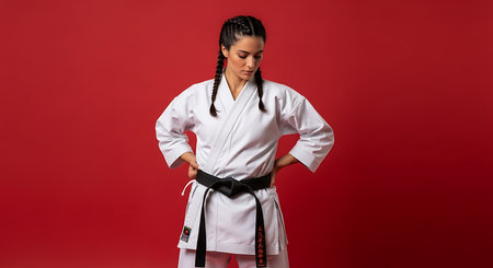 karate girl in kimono with black belt on red backgroundの素材
