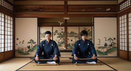 Japanese people in traditional kimono sitting on the tatamiの素材