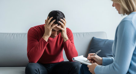 Psychotherapist working with young man in office. Psychotherapy conceptの素材