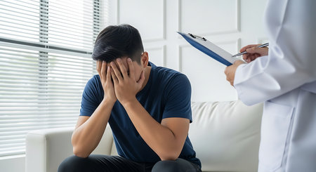 Male patient and doctor discussing something while sitting on sofa at medical office.の素材